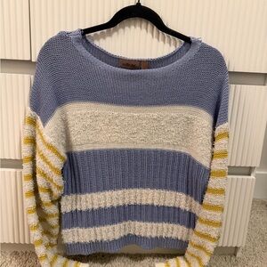 Cozy Striped Crew Neck Sweater in Blue, White, and Yellow